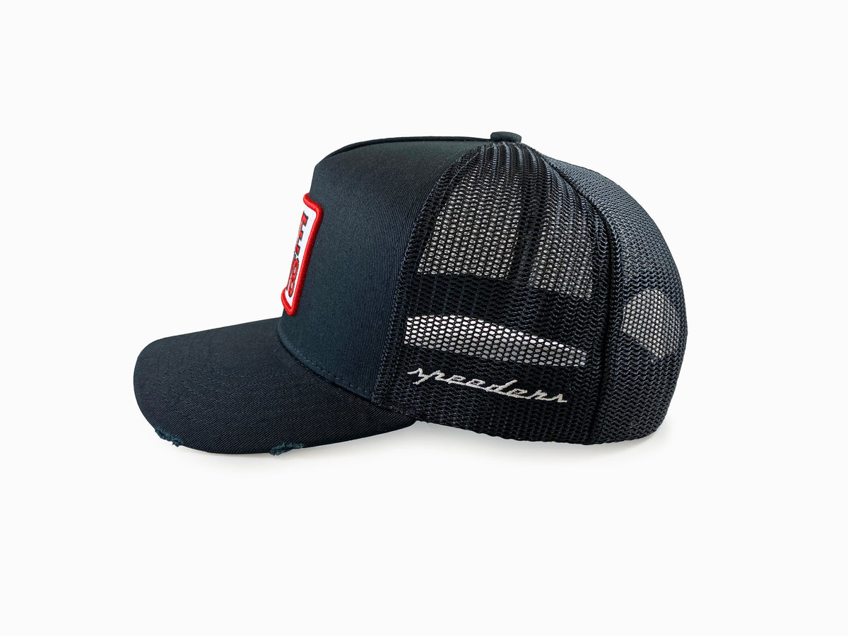 Date My V8 Automotive Trucker Hat (Black - Distressed)