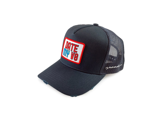 Date My V8 Automotive Trucker Hat (Black - Distressed)