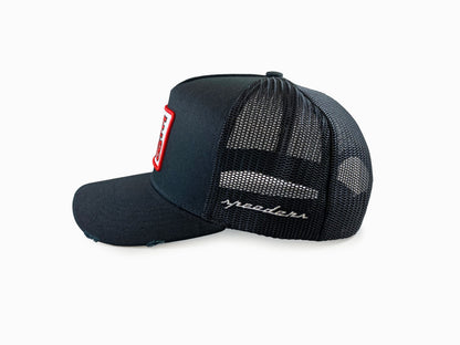 Date My V8 Automotive Trucker Hat (Black - Distressed)